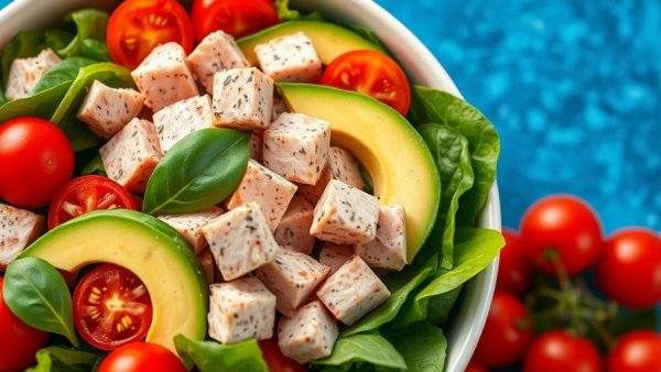 Fresh tuna salad with spinach, avocado, and tomatoes on blue background.