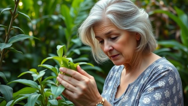 Middle-aged woman examining plants in a garden.