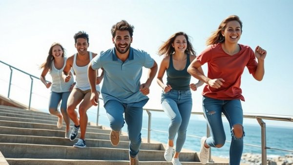 Active individuals running up stairs promoting regular exercise for diabetes complications.