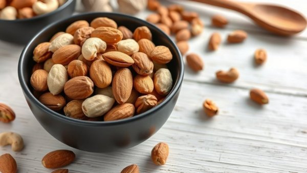 Variety of nuts high in omega-3s in a bowl on white wood.