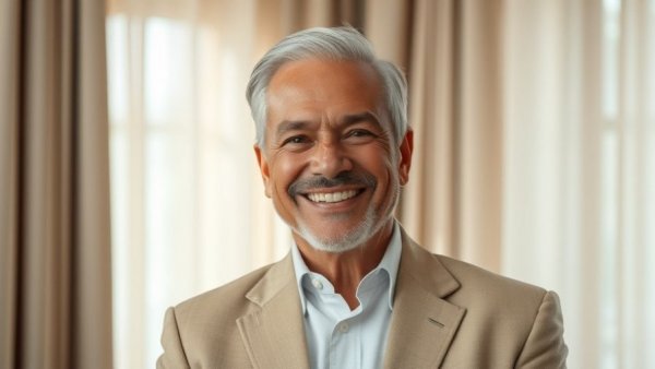 Confident man in beige suit smiling indoors, early cancer detection.