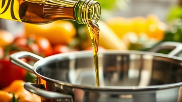Olive oil pouring into pan surrounded by fresh vegetables