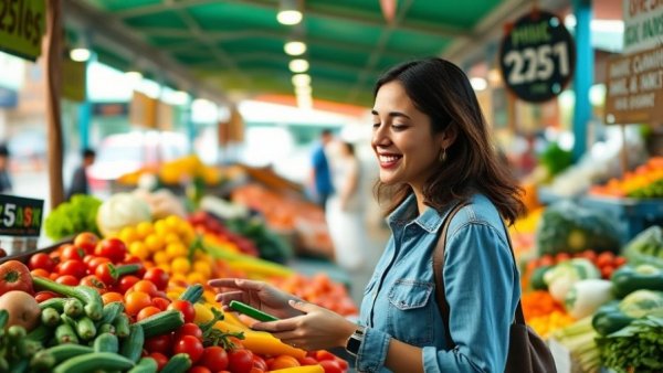 Woman shopping for cruciferous vegetables, healthy market exploration.