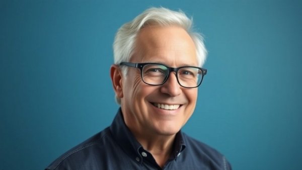 Middle-aged man with white hair and glasses smiling warmly in blue background.