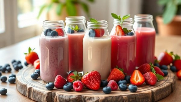 Probiotic Drinks for Gut Health: colorful bottles with fresh berries.