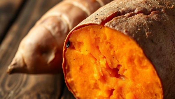 Roasted sweet potato revealing vibrant orange flesh for balancing blood sugar with diet.