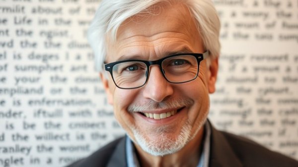 Smiling middle-aged man with glasses at event backdrop. ALS early warning signs.