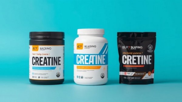 Three creatine supplements for women over 50 on cyan background.