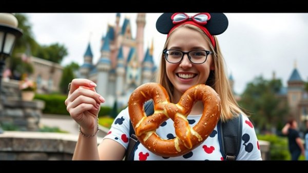 Disney adult enjoying theme park benefits, stone castle backdrop.