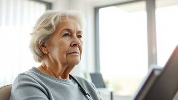 Elderly woman during heart checkup, discussing heart attack risk