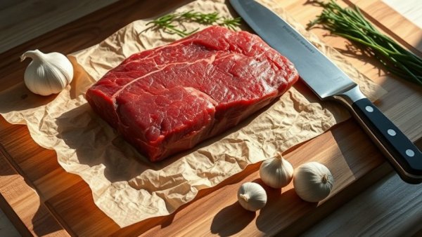 Raw red meat with knife and garlic, red meat intake diabetes risk
