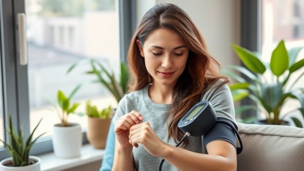 Woman measuring blood pressure for heart health awareness in women.