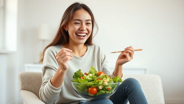Woman enjoying a healthy salad, foods for bone health.