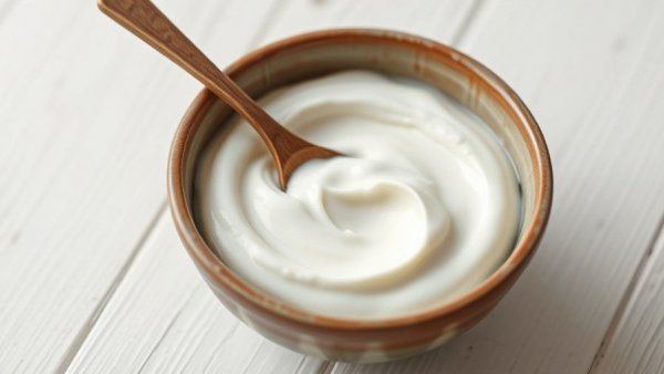 Creamy yogurt in bowl with spoon for gut health foods.