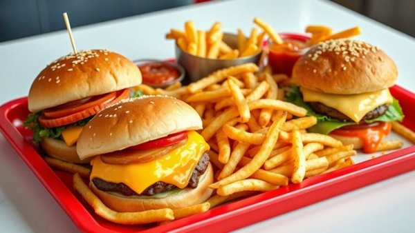 Ultraprocessed foods like cheeseburgers and fries displayed prominently.
