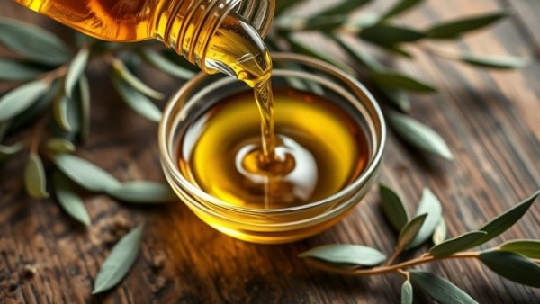 Olive oil pouring into a glass bowl with leaves, highlighting health benefits.