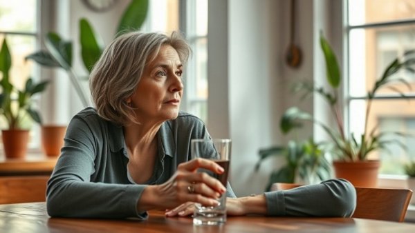Thoughtful woman holding glass at wooden table, brain tumor symptoms concept.