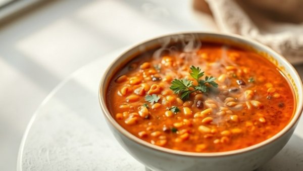 Hearty red lentil soup on white table with spices.