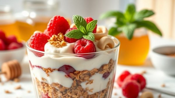 High-calorie yogurt parfait with raspberries and granola