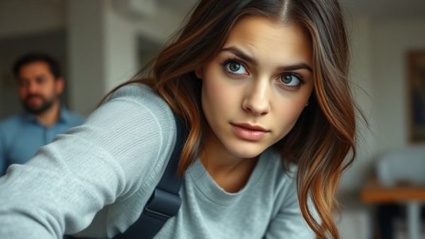 Young woman inquisitive in an indoor setting, man behind.