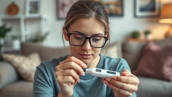 Woman testing blood sugar at home, focus on health management.
