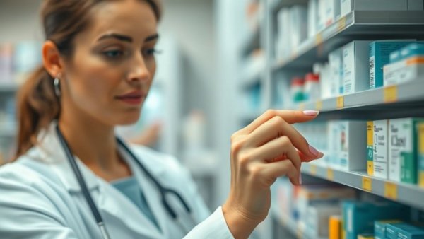 Focused woman accessing HIV medications in pharmacy.