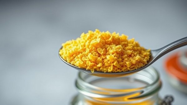 Nutritional yeast vitamin B12 flakes in jar with spoon.