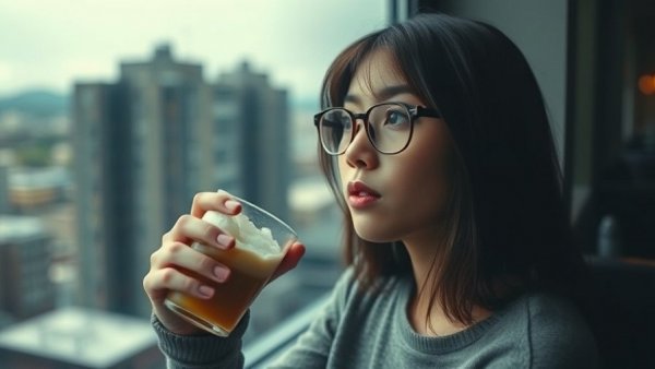 Young woman drinking sugary beverage indoors, soft lighting.