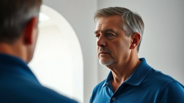 Middle-aged man reflecting in mirror, contemplating aging and forever chemicals.