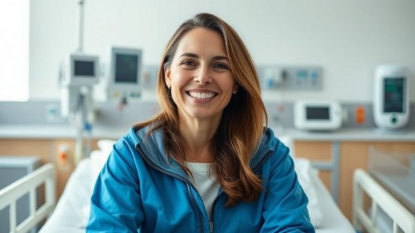 Woman in hospital promoting colon cancer awareness, medical setting
