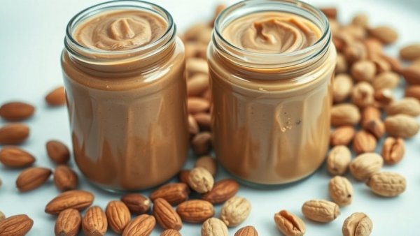 Comparison of almond butter and peanut butter in jars with nuts