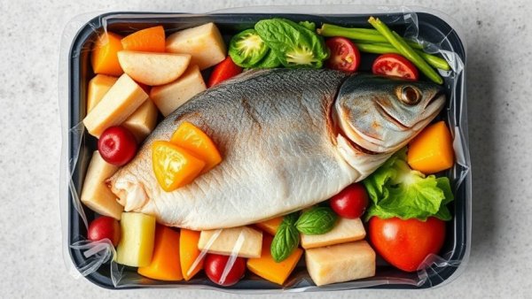 Frozen meal tray with fish, vegetables, and fruit for healthy frozen meals.