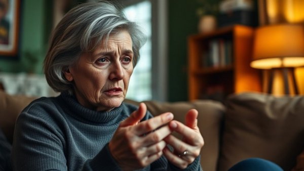 Middle-aged woman showing signs of joint inflammation indoors.