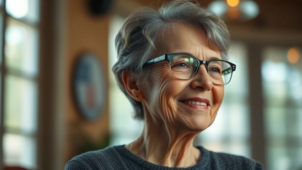 Content older woman smiling gently, symbolizing GLP-1 Drugs and Migraine Management benefits.