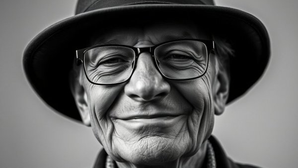 Elderly man with hat smiling gently, close-up portrait related to Multiple Sclerosis awareness.