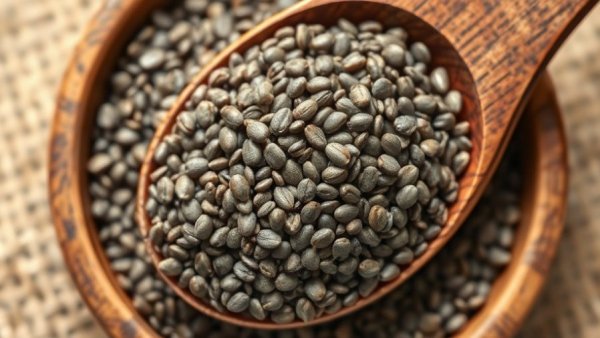 Close-up of chia seeds in a wooden spoon, boosting energy levels.