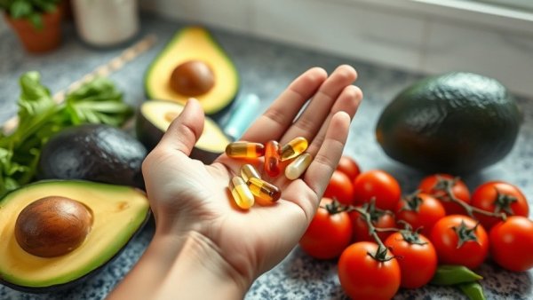 Hand holding vitamins over fresh nutrient-rich foods, highlighting contrast.
