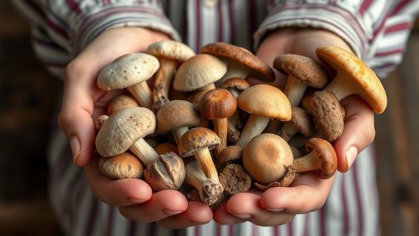 Assorted wild mushrooms held in hands, Eating Mushrooms and Blood Pressure.