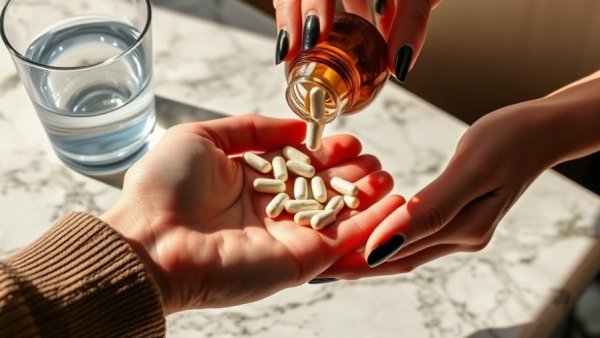 Hands pouring collagen capsules, highlighting skin health benefits.