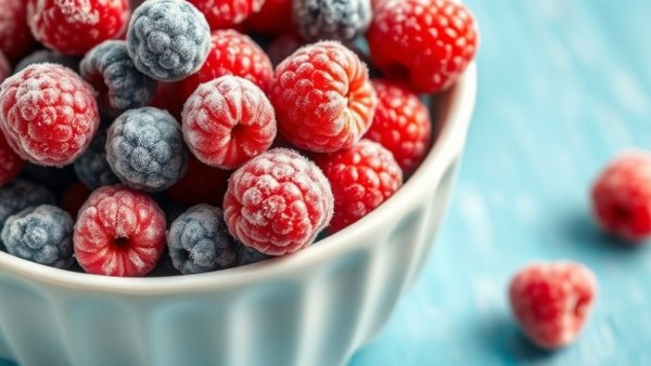 Frozen berries in a bowl on a turquoise background, healthiest frozen foods.
