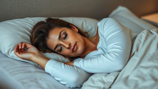 Woman sleeping peacefully in bed, promoting sleep aid discussion - Melatonin Vs. Magnesium.
