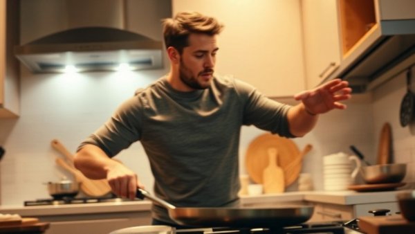 Blurred figure cooking high-protein meal in a modern kitchen.