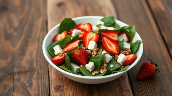 Colorful spinach salad with strawberries and walnuts representing healthy eating for energy.
