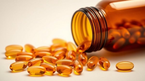Golden multivitamin capsules spilling from a bottle with radiant light.