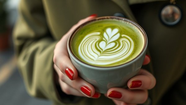 Close-up of matcha latte with intricate art and health benefits.