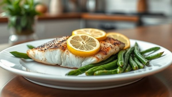 Seared fish with lemon and green beans on a plate.