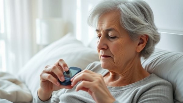 Older woman checks blood sugar level in bright bedroom, preventive care sleep focus.