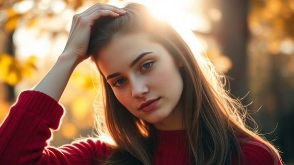 Contemplative woman in red sweater under autumn sunlight related to stressful relationships and biological aging.