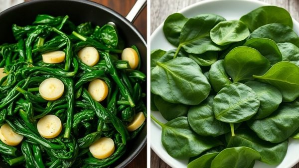 Cooked vs. raw spinach nutrition comparison image.
