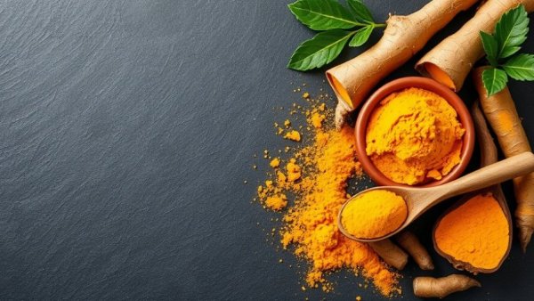 Aromatic display of turmeric roots and powder on dark slate surface.